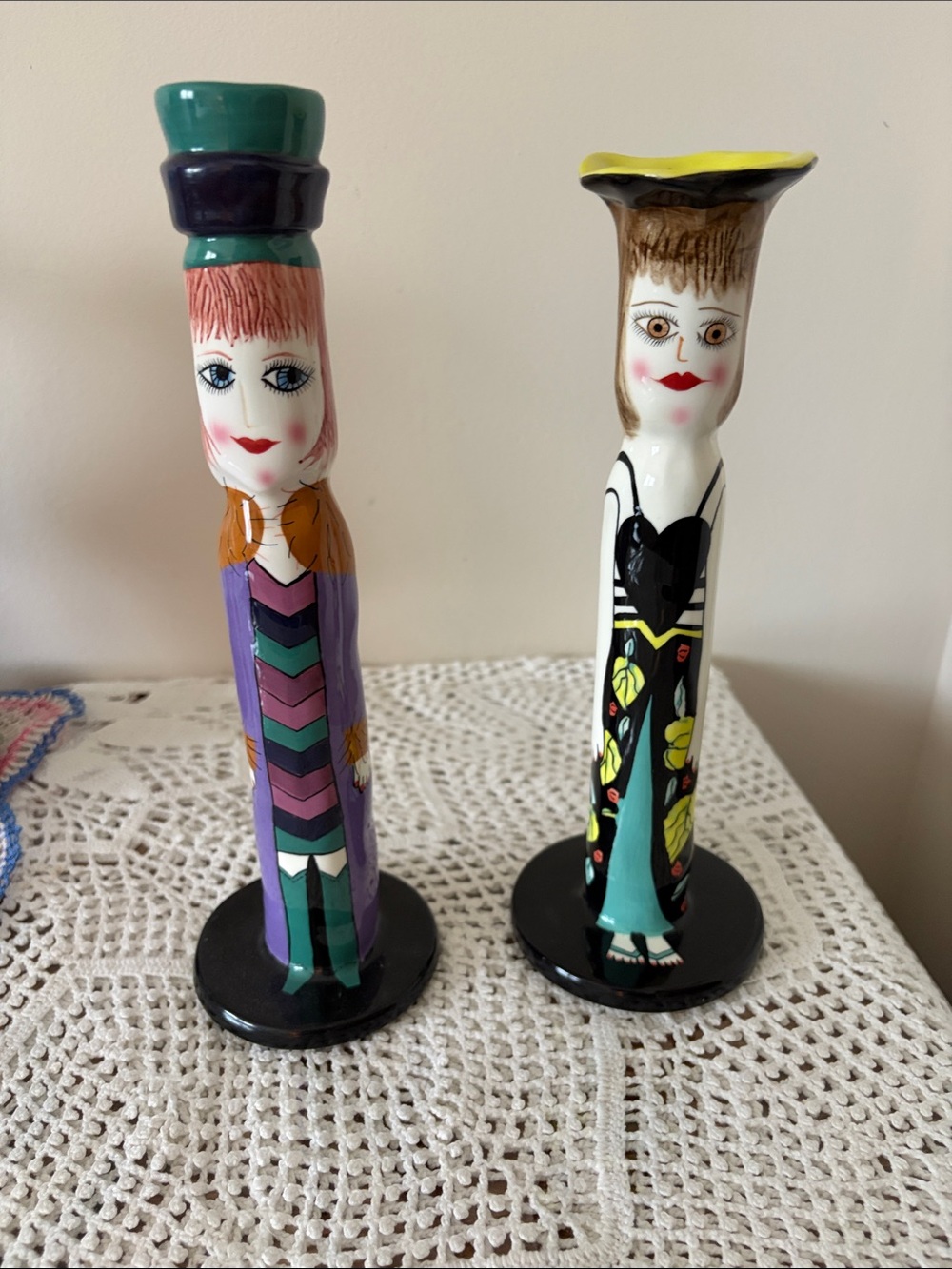 Hand-Painted Ceramic Figurine Candlestick Pair in Purple, Teal, Black